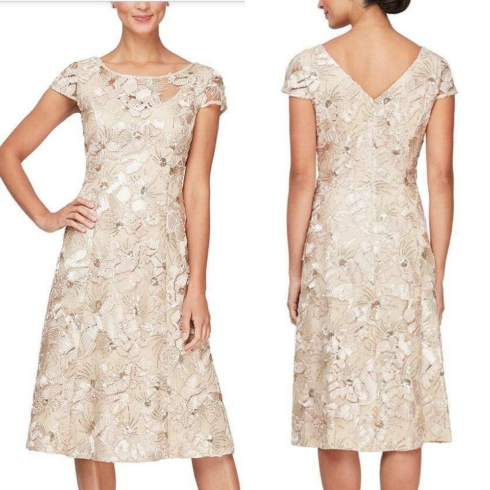 NWT Alex Evenings | Illusion Champagne Jewel Floral Soutache Dress